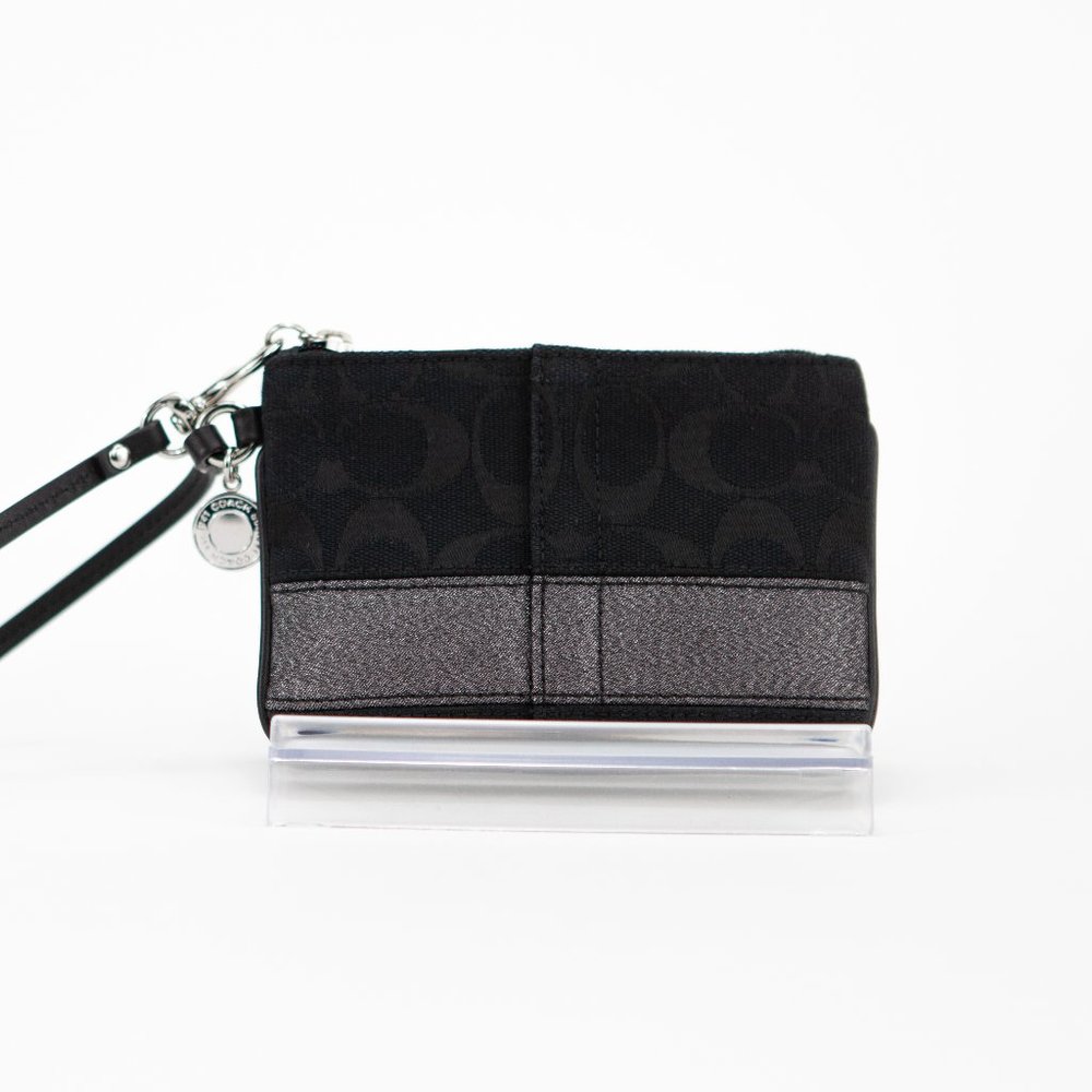 COACH Black Canvas Wristlet with Metallic Sparkly Stripe